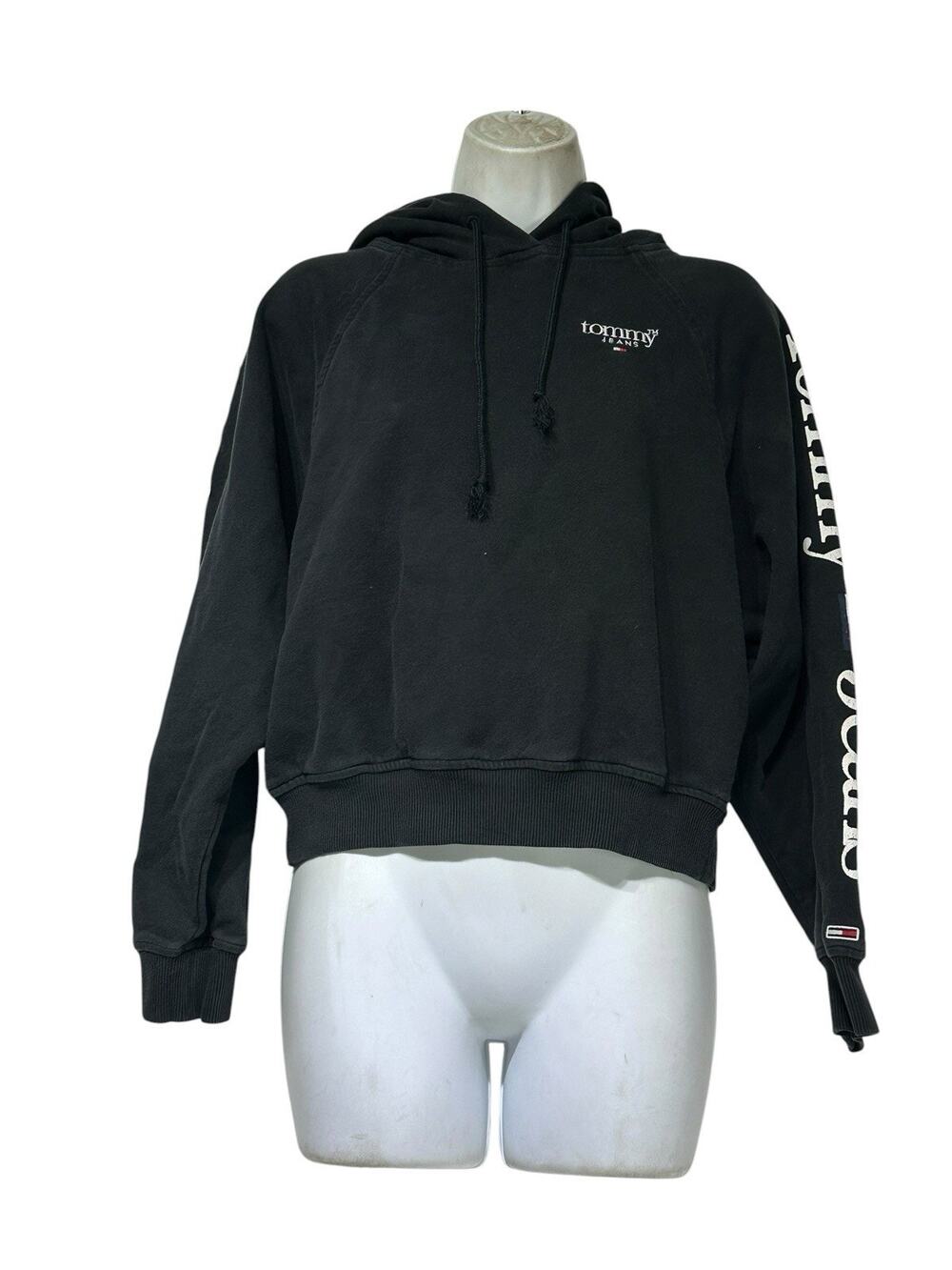 Tommy Jeans Black Cropped Hoodie Spellout Sleeve Logo Sweatshirt XXS Y2K